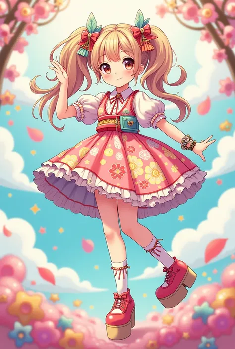 Draw a girl using the Decora-Kai fashion in Japanese anime style