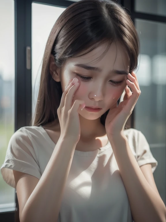 masterpiece,  top quality ,8k resolution, realistic ,,  1 girl,  crying , Girl wiping glass