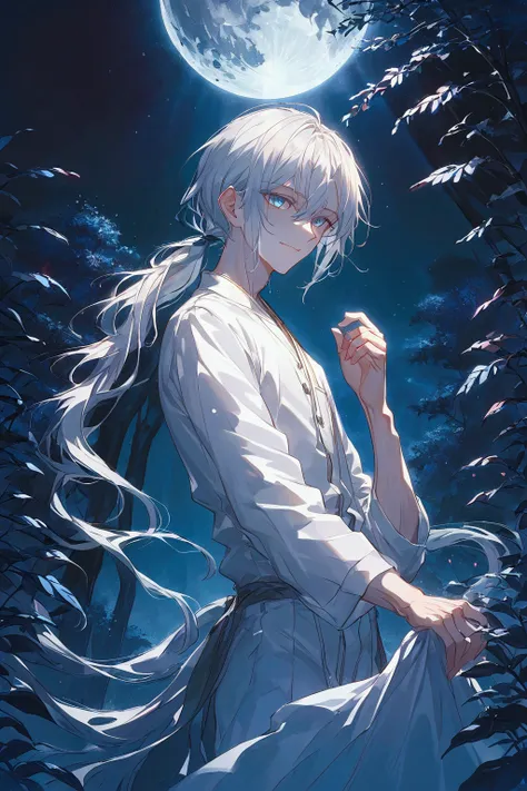 Illustration, top quality, pixiv illustration, very detailed animation, (alone) (male), silver hair, long hair, gardener, blue eyes, moonlit garden background, dramatic lighting, sky blue eyes, low ponytail, warm smile, work clothes