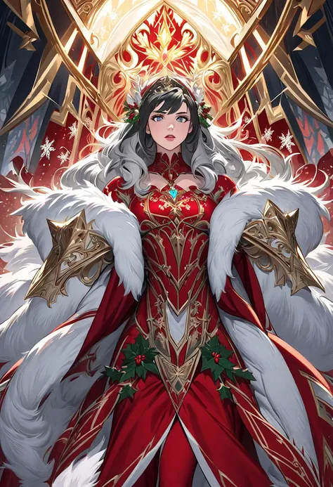 "A powerful fantasy depiction of a young adult Mrs. Claus as a heroic D&D adventurer, blending features of Masiela Lusha and Chloe Bennet. She has striking black hair and stands confidently, exuding both strength and elegance. She is clad in ornate crimson...