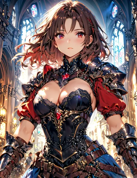 anime, 1girl, heavily tanned skin, long brown hair, detached red eyes, knights armor, anatomically correct, cinematic lighting, masterpiece, best quality(Depth of field hdr 8k 4k wallpaper, cinematic lighting,:0.75) (masterpiece, best quality:1.25), (Depth...