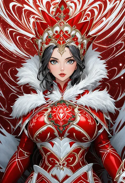 "A powerful fantasy depiction of a young adult Mrs. Claus as a heroic D&D adventurer, blending features of Masiela Lusha and Chloe Bennet. She has striking black hair and stands confidently, exuding both strength and elegance. She is clad in ornate crimson...