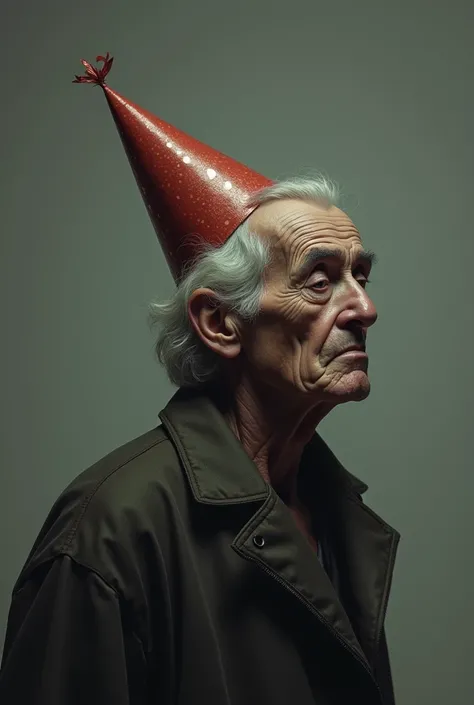 an elderly man,  fragile and with curved shoulders , with birthday hat, Sad and despondent countenance, profile picture


