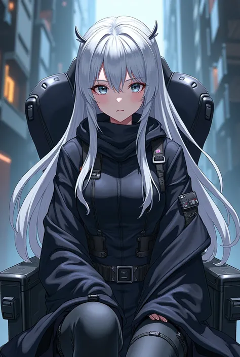  ， silver and white long hair shawl ， with a cool and focused expression 。Wearing a dark 、 and clothing with a tactical feel ， Character sits on a high-tech chair 。 creates the mysterious atmosphere of the future city ， Surrounded by metal structures and m...