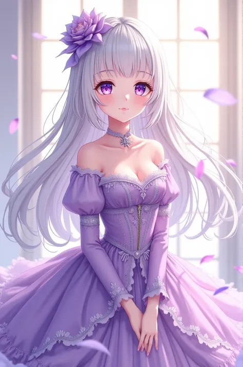 screencap anime, a girl who has long white hime cut hair with violet eyes. she is wearing a luxurious dress in the color lilac.