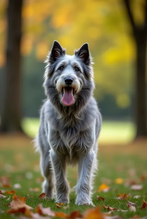 A gray furry Irish Wolfhound dog in a park with trees