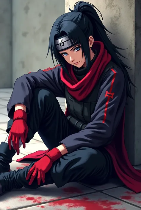 ( best quality,4K, highres icon), Madara sitting on the floor with a street style, leaning against a wall, , red ninja gloves ,  long black hair , ponytail, bandana , Graphite background,  vibrant colors, urban art style, edgy lighting