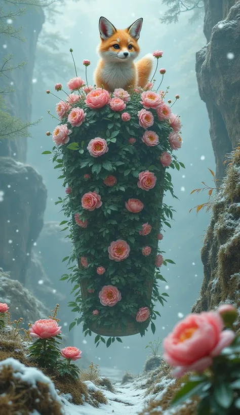 A woman made of flowers is standing and dancing on top of a mysterious ancient and bizarre coffin,, Forest snow background ， It snows a lot ， in a mysterious natural environment ， will shed a lot of pollen throughout his life ， The coffin hangs in the midd...