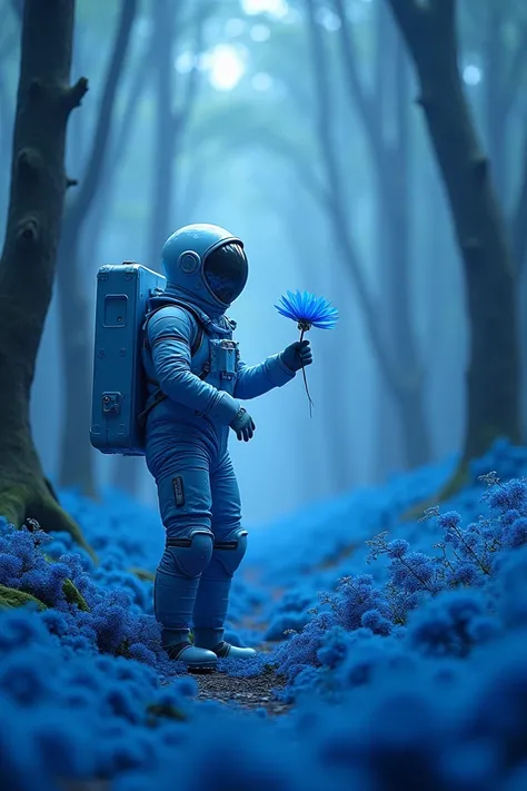 Astronaut in a blue forest setting Picking some flower also of the color blue 