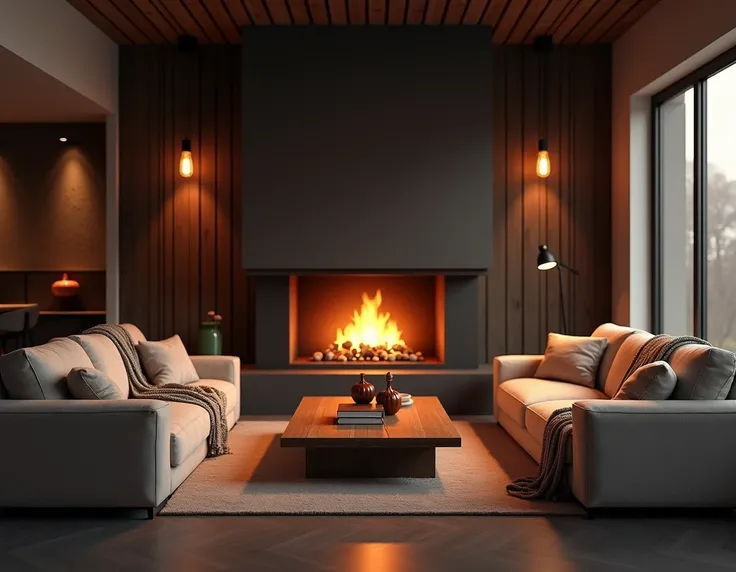 A warm and cozy living room with a modern fireplace as the focal point. The room includes plush sofas, a wooden coffee table, and soft throw blankets. The ambiance is relaxed with dim lighting and a warm glow from the fire.