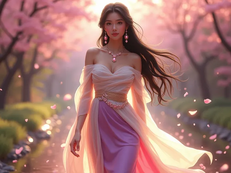 Full-body shot in the wind, the stars blowing small white flower petals. Full-body shot of a beautiful, sweet young woman, 25 years old, wearing a sweet pink and purple Dusit Thai dress, a gold sarong, a white silk shawl, glowing and sparkling, long black ...