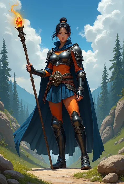 In RPG style, in style of Dungeons & Dragons, in style of fantasy painting. Full body view, looking at the viewer. Image of a asian female mage holding metal quarterstaff with small amber crystal on top. Tight black orange cloth armor with dark blue cape, ...