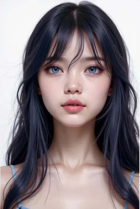 Full Face image, Focus Hair and Face, female, dark blue wavy long hair with bangs, blue eyes, pink lips, beautiful gentle face, fair skin, looking at the viewer, white background, anime