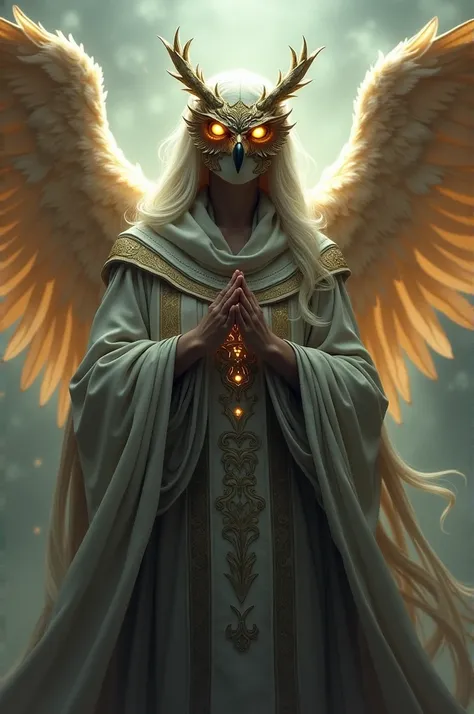 A  angel with a owl Head mask, covered face, with clerical chlothes and shining wings