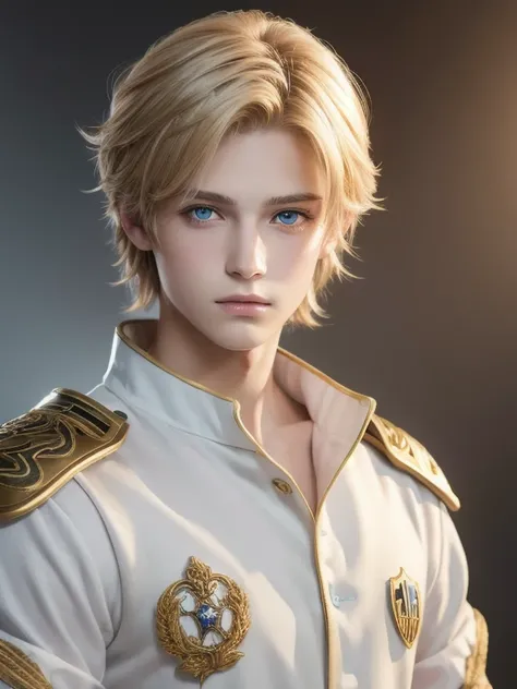  top quality , masterpiece,  super high res, White background,  realistic ,  Hades style ,  withdrawn from the 16-year-old prince on the battlefield,   SHORT BLONDE HAIR , amber eyes, Prince&#39;s Armor, Cape,  depth of field 