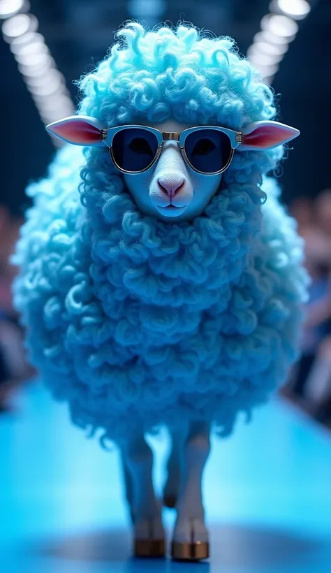 An ultra realistic parade of a person wearing a flamboyant sheep cosplay in a vibrant shade of blue. The wool is voluminous and soft ,  with different shades of light and dark blue ,  creating an impressive texture .  The sheep wears large and stylish glas...