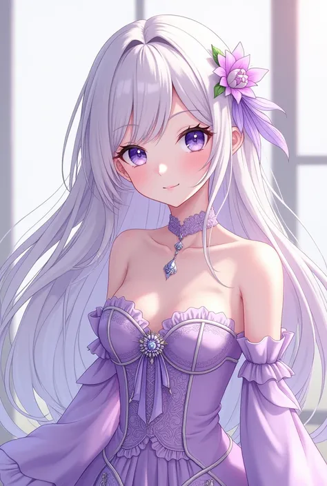 screencap anime, a girl who has long white hime cut hair with violet eyes. she is wearing a luxurious dress in the color lilac.