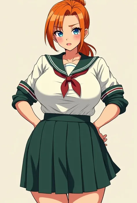  manga character , Woman of 19 years, and chubby, With tied orange hair, Looking cold ,  and arrogant expression ,  wearing a school uniform ,  in dark green and white color , and sensual 
