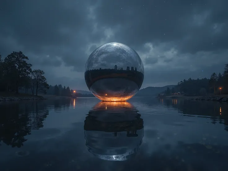  generates a hyperrealistic image , Ultra HD quality 8k ,  of a photograph of the Round Valley reserve ,  with a metallic orb floating above the lake that reflects the landscape on its mirrored surface, at night,  masterpiece, 