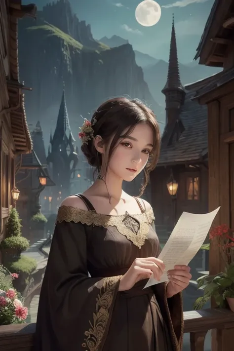 (masterpiece),( top quality ),  illustrations, (fantasy:1.4), witch, cute detailed digital art,  beautiful faces, Brown Hair, hair up, city, Mountain, Dark colored long dress,  a moon , flower , paper_cut