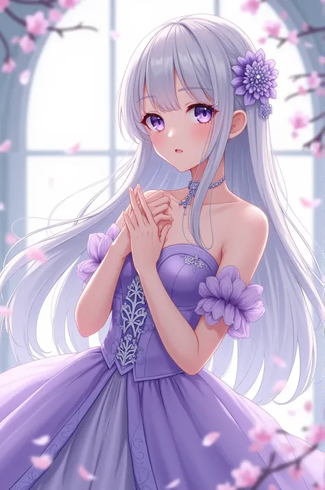 screencap anime, a girl who has long white hime cut hair with violet eyes. she is wearing a luxurious dress in the color lilac.