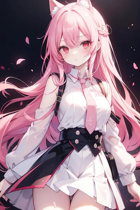 Anime girl with long pink hair and red eyes wearing a white skirt, a red tie and a black pointed lapel 