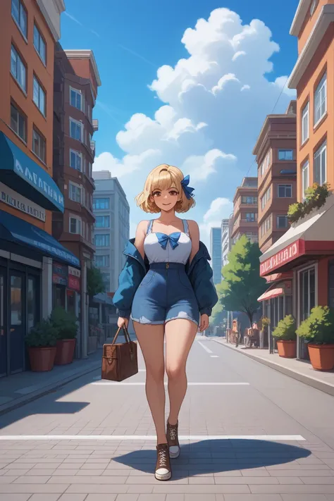 Anime-style full body illustration of a young woman with blonde hair styled with a blue ribbon, brown eyes and a cheerful smile, walking confidently in a city street. She is wearing only a simple blue fabric tied around her hips. The background shows typic...