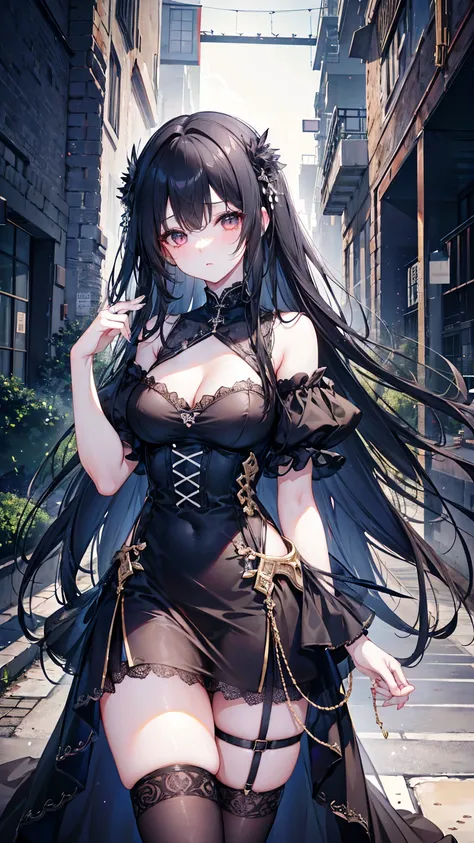  ultra-realistic，8K , CG,  flawless,  Back to the city  ，    Lovely expression    ,   intricate details  ,  Long black hair ， Beautiful legs of a girl in a chiffon gothic dress and stockings,     are of the best quality  , 真实照片