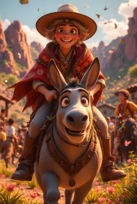 A GAUCHO WITH LIGHT EYES AND HALF BLOND ,  DRESSED AS A GAUCHO RIDING SHREKS DONKEY