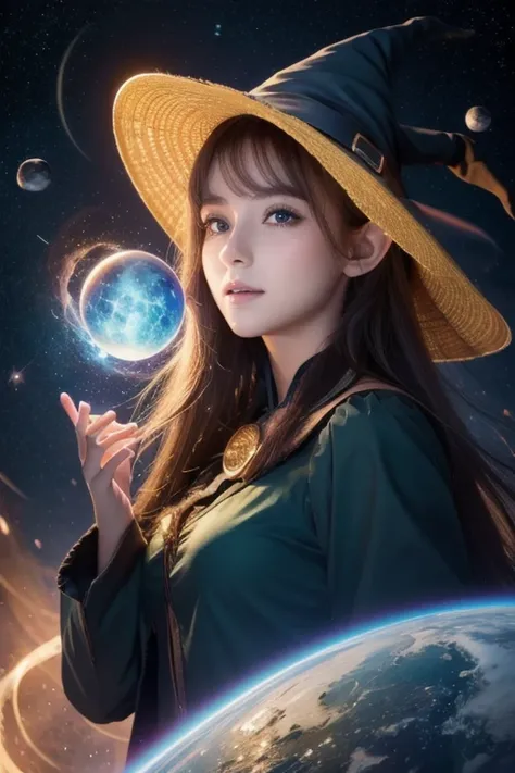  top quality ,  high res,  One girl , Elf,  witch hat,   nebula floating in space  , Energy sphere,   light particles,  shiny hair,   Shining Stars , fantasy,