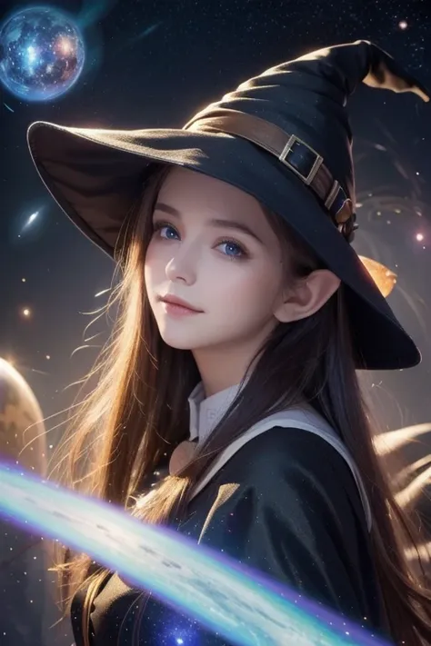  top quality ,  high res,  One girl , Elf,  witch hat,   nebula floating in space  , Energy sphere,   light particles,  shiny hair,   Shining Stars , fantasy,