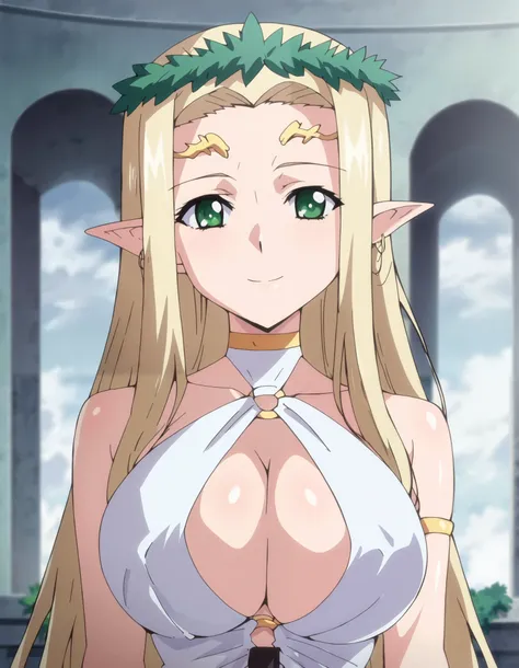 score_9, score_8_up, score_7_up,anime_source, source_anime, anime screencap, Celestine, 1girl,blonde hair,pointy ears,long hair,green eyes,elf,large breasts,white dress,laurel crown,,upper body,looking at viewer,smile,indoors, breasts, collarbone, large br...