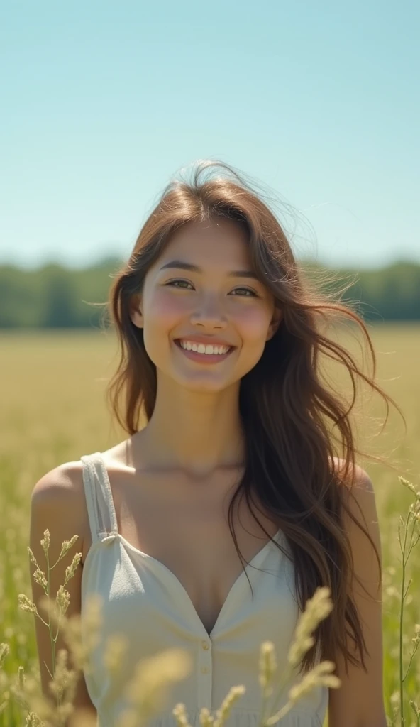 Beautiful thirty year old girl smiling pretty in a wide field