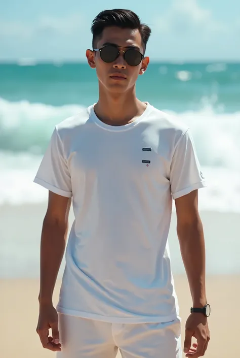 ( photorealism ) 18-year-old Indonesian man  ,thin and short body (short) ,hairstyle (short slicked back)  on the beach with wave background  ,Usando camiseta branca de marca e calção short, memakai kacamata photocromic hitam  ,no shoes ,