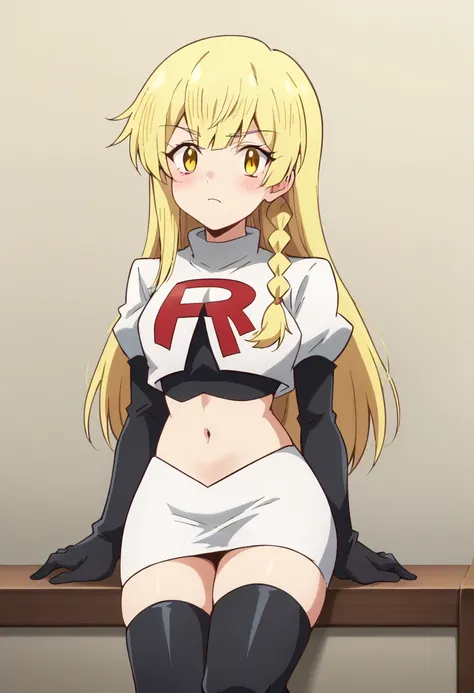 balirossa, blonde hair, long hair, 1girl, side braid, solo, yellow eyes, looking at viewer, blush, team rocket,team rocket uniform,white skirt,red letter R,crop top,black thigh-highs,black elbow gloves, score_9, score_8_up, score_7_up, , anime coloring ,BR...