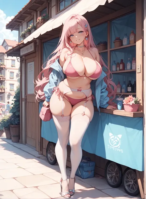   pink   bikini swimsuit 　　  bikini swimsuit 　pink color pants , Super long hair,  Big Breasts , White tights　 Garter Belt　 high heels　  Around Town Plump Themed Bikinis Swimsuit