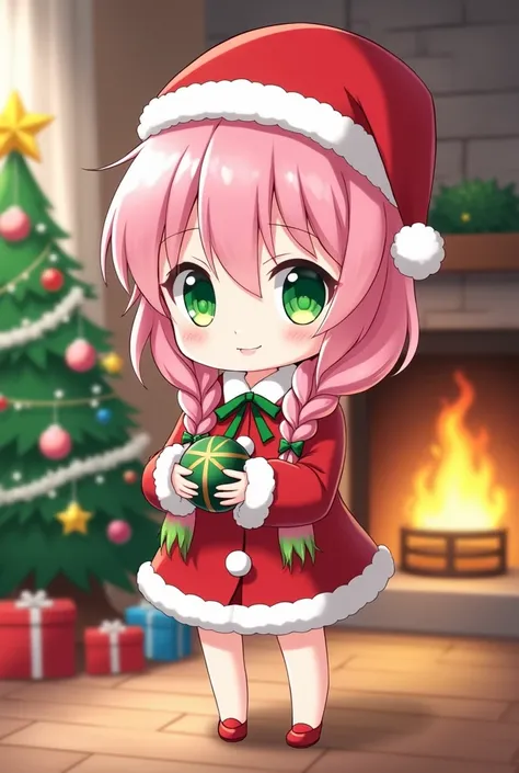  Anime-style woman with white skin and long bicolor pink hair and green tips combed in two braids green eyes like Mitsuri Kanroji from the anime demon slayer version chibi wearing Christmas clothes and a Santa Claus hat, holding in her hands a Christmas sp...