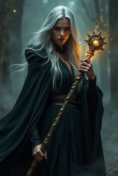 fotografia, A tall, mysterious woman with dark brown skin, with piercing gray eyes, long silver hair, and a dark cloak, holding an ancient, magical staff.