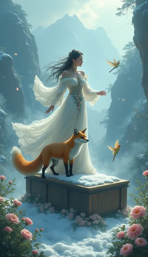 The woman from the flower is dancing on top of a mysterious ancient and strange coffin,, Forest snow background ， It snows a lot ， in a mysterious natural environment ， She will shed lots of pollen throughout her life ， The coffin hangs in the middle of th...