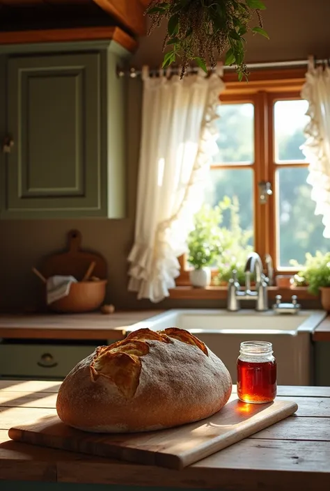 A cozy kitchen with vintage wooden cabinets, lace curtains, and a farmhouse sink. A loaf of freshly baked bread rests on a cutting board beside a jar of homemade jam. Dried herbs hang from the ceiling, and sunlight streams through the window, illuminating ...