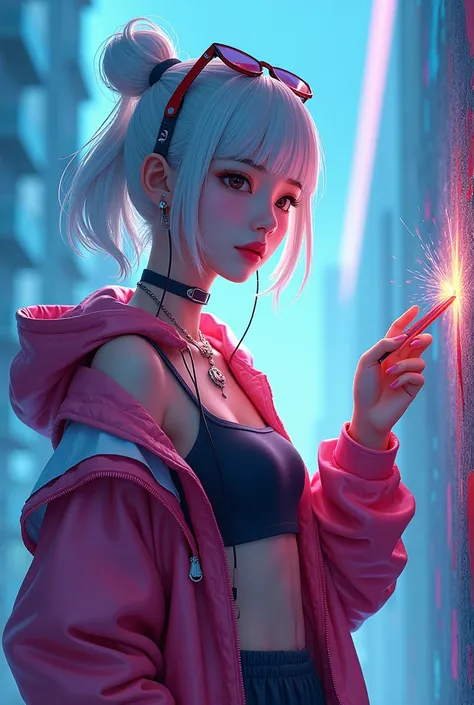 (Qingxu   _     Photograph of a beautiful Asian woman    ),     jacket Beautiful Japanese woman painting a wall,  tube top holding an ink sprays  ,    neon white hair  ,  sunglasses on the head , fone JBL, wearing a NIKE ,  wearing an open NIKE , wearing a...