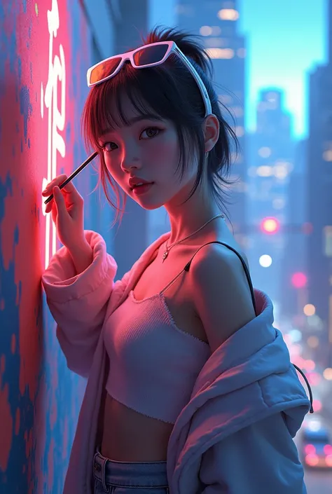 (Qingxu   _     Photograph of a beautiful Asian woman    ),     jacket Beautiful Japanese woman painting a wall,  tube top holding an ink sprays  ,    neon white hair  ,  sunglasses on the head , fone JBL, wearing a NIKE ,  wearing an open NIKE , wearing a...