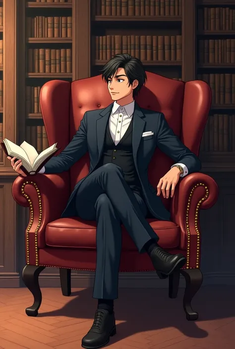 A stylish young man dressed in a tailored dark suit, sitting relaxed in a rustic leather armchair with brass studs, in an opulent library setting. He holds an open book casually in one hand, exuding an air of sophistication and contemplation. The backdrop ...