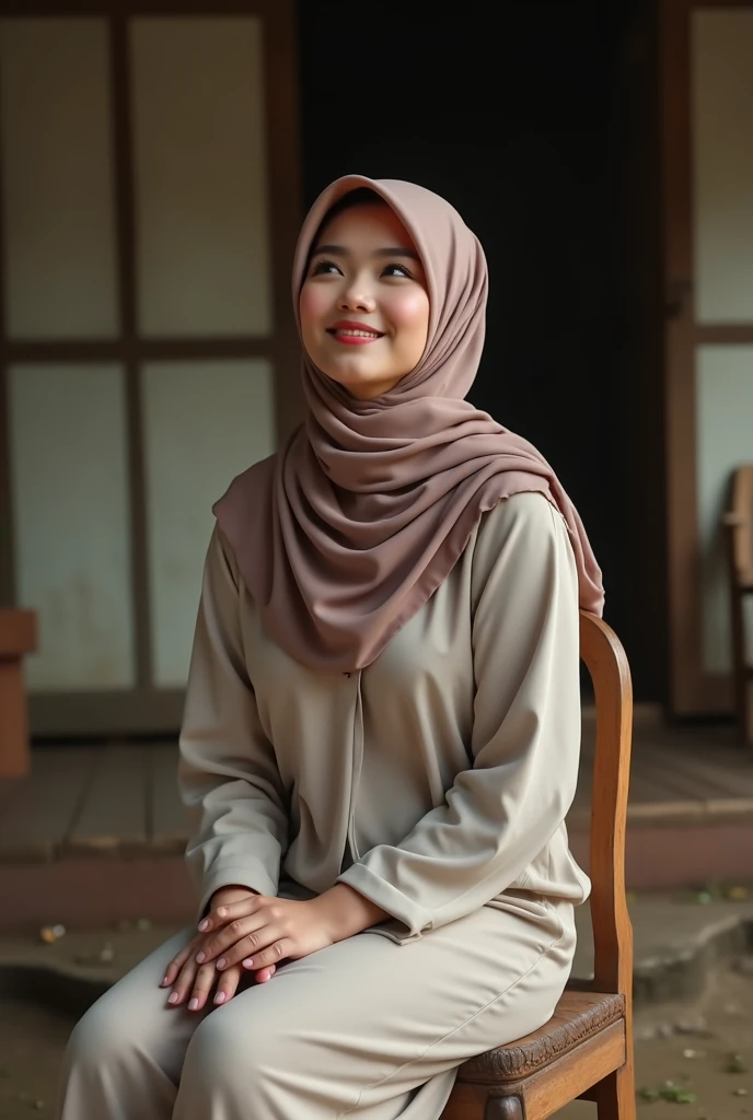  Beautiful woman of Indonesia, hijab,chaby face  , body gemoy , sitting on a wooden chair planted,  posé looking up ...latar belakang depar rumah