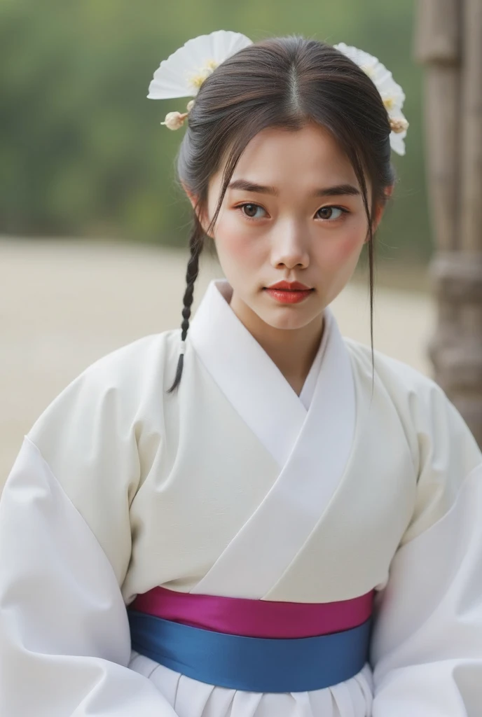 Joseon, white hanbok, korean girl, smile, looking at camera, looking at viewer