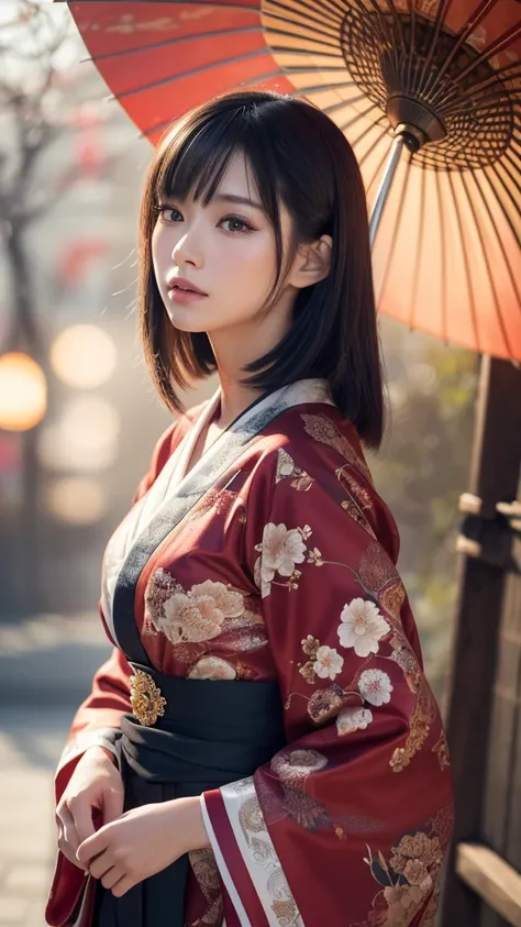 realistic 1girl, detailed beautiful fox-Apparition girl, in a japanese red floral kimono with a Japanese umbrella, long straight white and black gradient hair, blunt bangs, flowing hair, beautiful detailed eyes, eye makeup like a Kabuki actor, beautiful de...