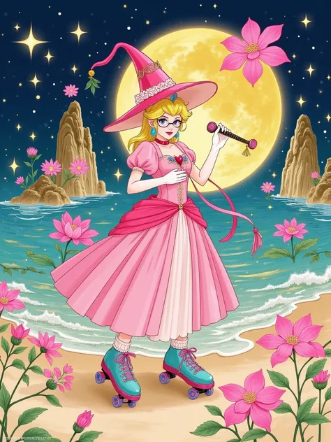 Drawing of Princess Peach from Nintendo wearing a moon wizard hat and glasses, sexy, bikini, (((plump breasts))), roller skating on Miami Beach, background is starry sky and floating islands, dreamy and soft, full body shot, long shot , wide angle, clay st...