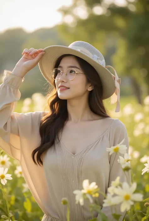 A young woman standing in a sunlit flower field, gazing up with a gentle smile. She is wearing a soft beige blouse with delicate pleats and long sleeves. A light gray sun hat with floral ribbon accents rests atop her flowing brown hair. She is also wearing...
