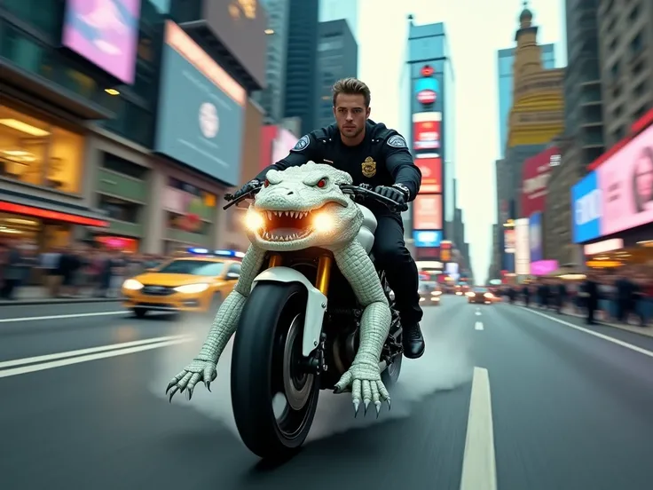 Create an albino alligator running away from a handsome cop on a motorbike in Times Square