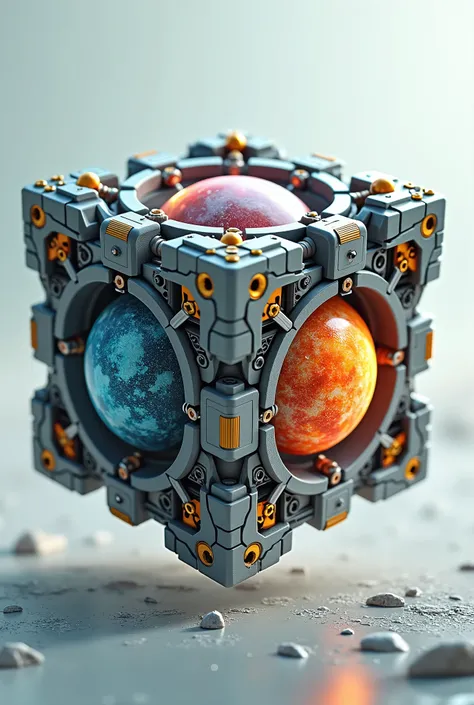 a cube，Every bead is a planet、Near future、original、mechanical，Simple Background